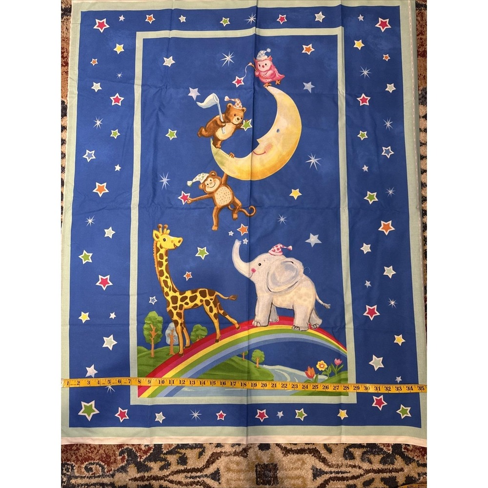 Vintage Style 2 Animal Rainbow Celestial Cotton Quilt Panel Blue 35x44‎ Nursery